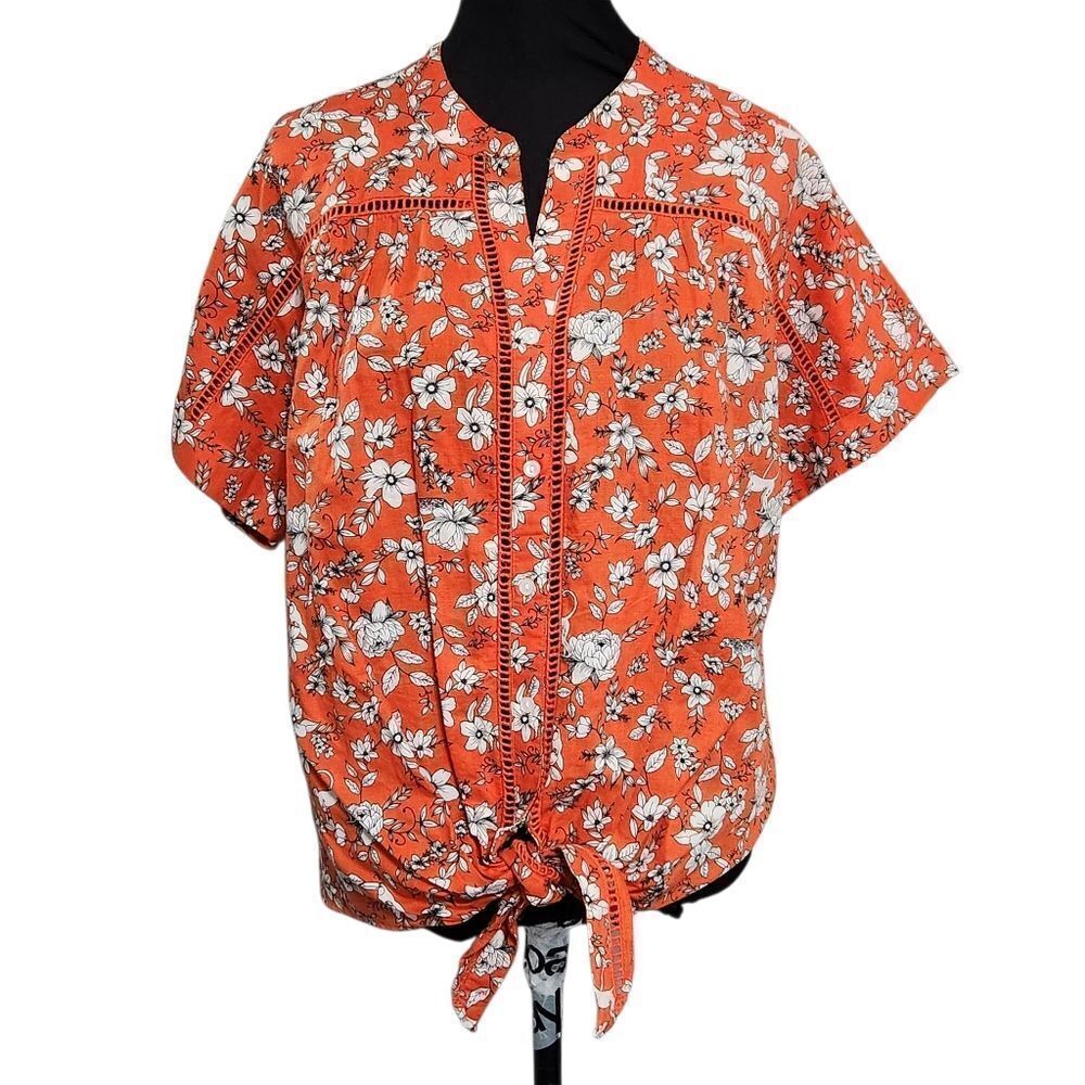 Charter Club Linen Blouse XL Orange Floral Blend Front Tie Cottagecore